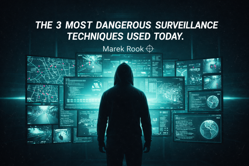 Gritty horizontal thriller thumbnail featuring a hooded silhouette facing a wall of glowing surveillance monitors with maps and data, for Marek Rook.