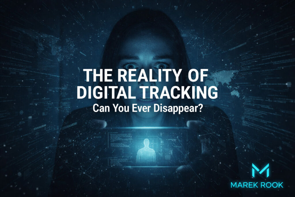 A dark, cinematic horizontal image of a hooded figure viewed from behind, facing a wall of blue surveillance screens. The overlay text reads: 'The Reality of Digital Tracking: Can You Ever Disappear?