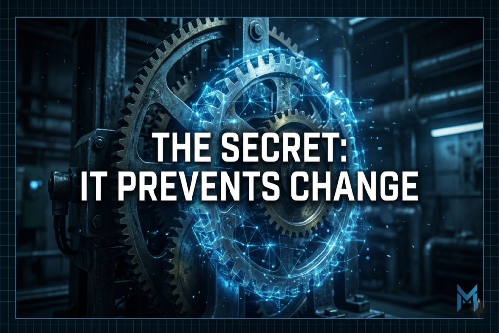 A cinematic image of massive steel clockwork gears frozen in place by a glowing blue digital field. Sharp white text reads: THE SECRET: IT PREVENTS CHANGE. Marek Rook logo in the bottom corner.